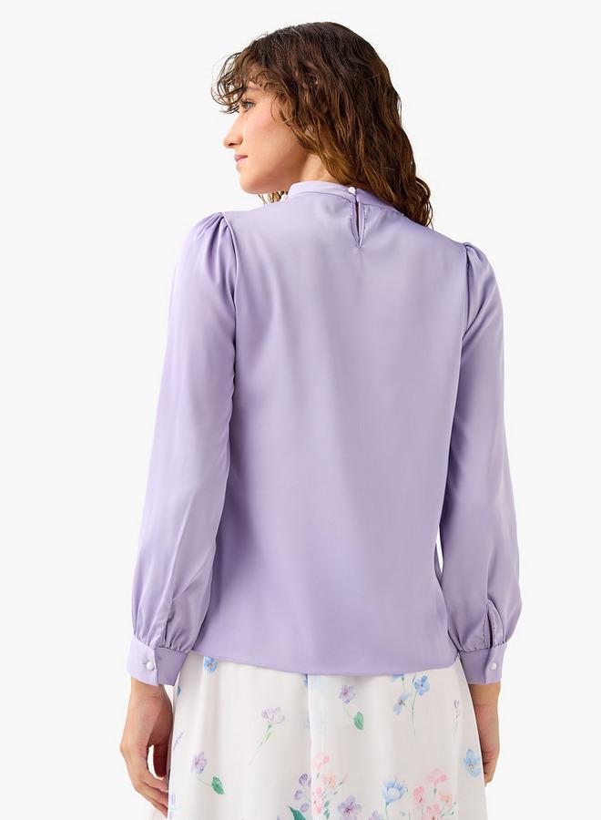 تواكستريمز بلوزة بياقة عالية مزينة باللؤلؤ وأكمام طويلة - Image 3